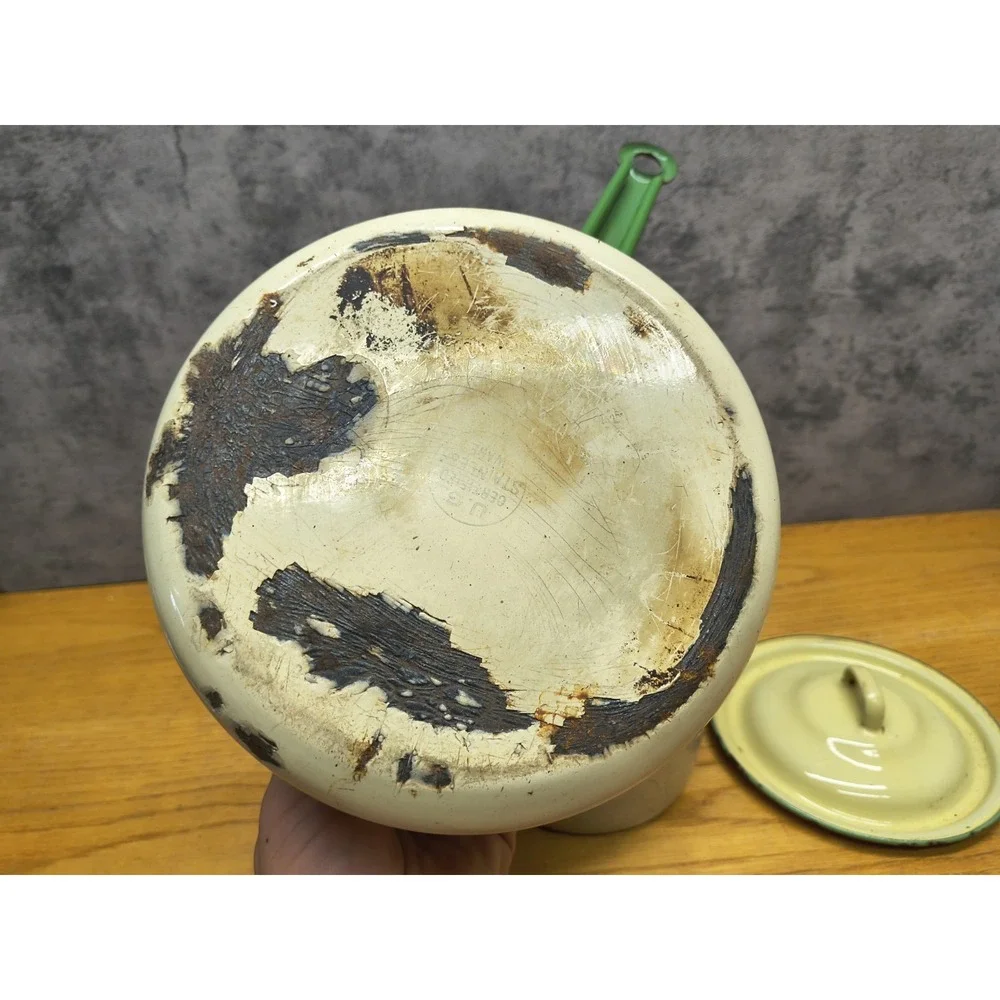 Vintage Enamelware Double‎ Boiler Cream Green Trim Circa 1930's - 40's Lid 3 Pcs